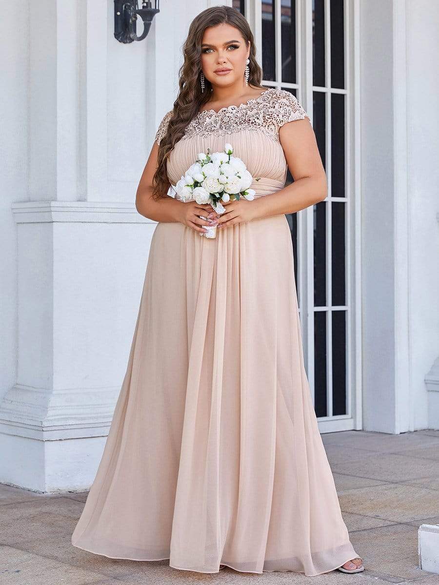 Plus Size Elegant Maxi Long Lace Cap Sleeve Bridesmaid Dress #color_Blush 