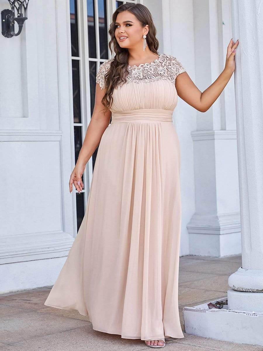 Plus Size Elegant Maxi Long Lace Cap Sleeve Bridesmaid Dress #color_Blush 