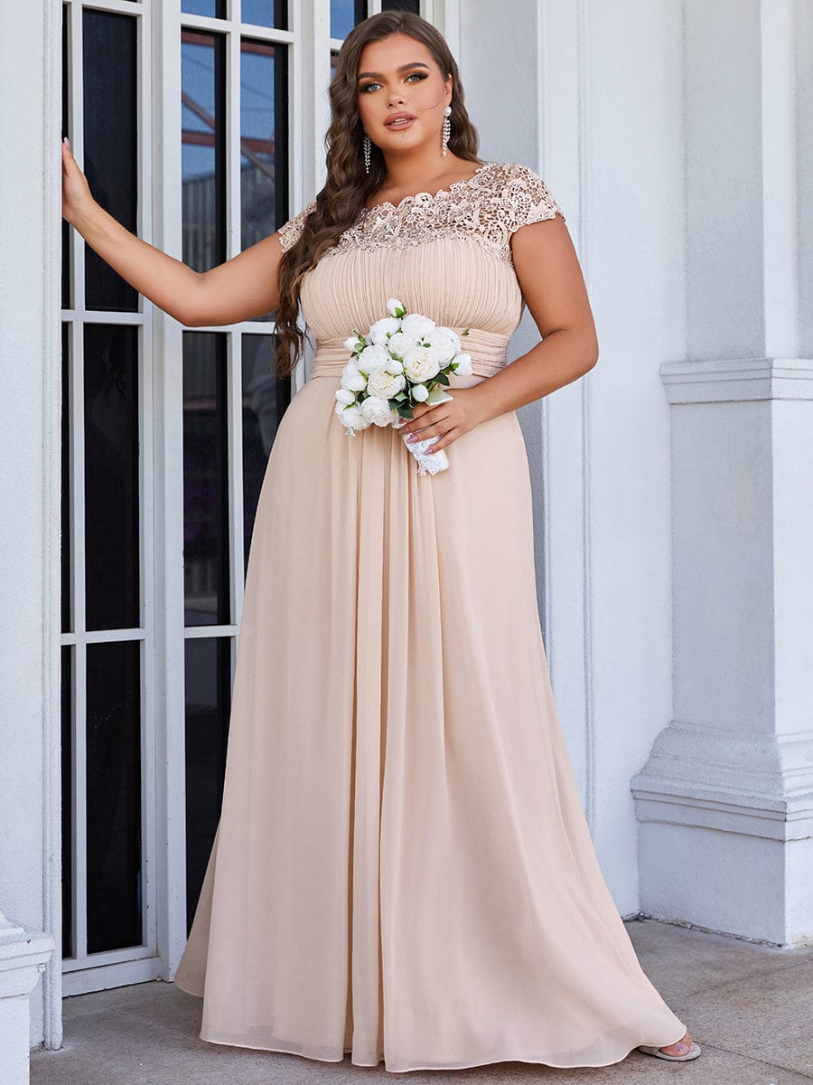 Maxi Lace Cap Sleeve Long Formal Evening Dress #color_Blush 