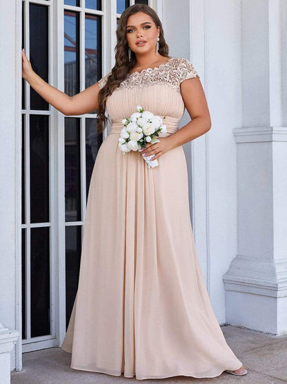 Plus Size Elegant Maxi Long Lace Cap Sleeve Bridesmaid Dress #color_Blush 