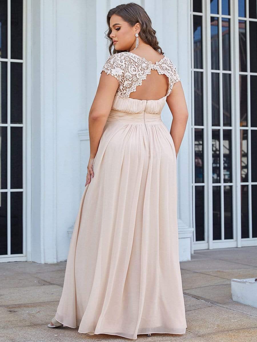 Plus Size Elegant Maxi Long Lace Cap Sleeve Bridesmaid Dress #color_Blush 