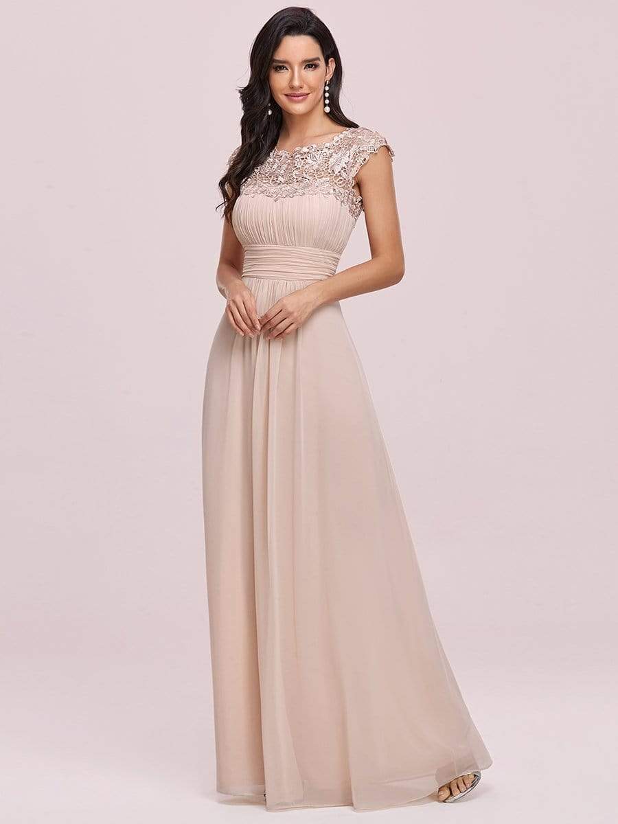 Elegant Maxi Long Lace Cap Sleeve Bridesmaid Dress #color_Blush 