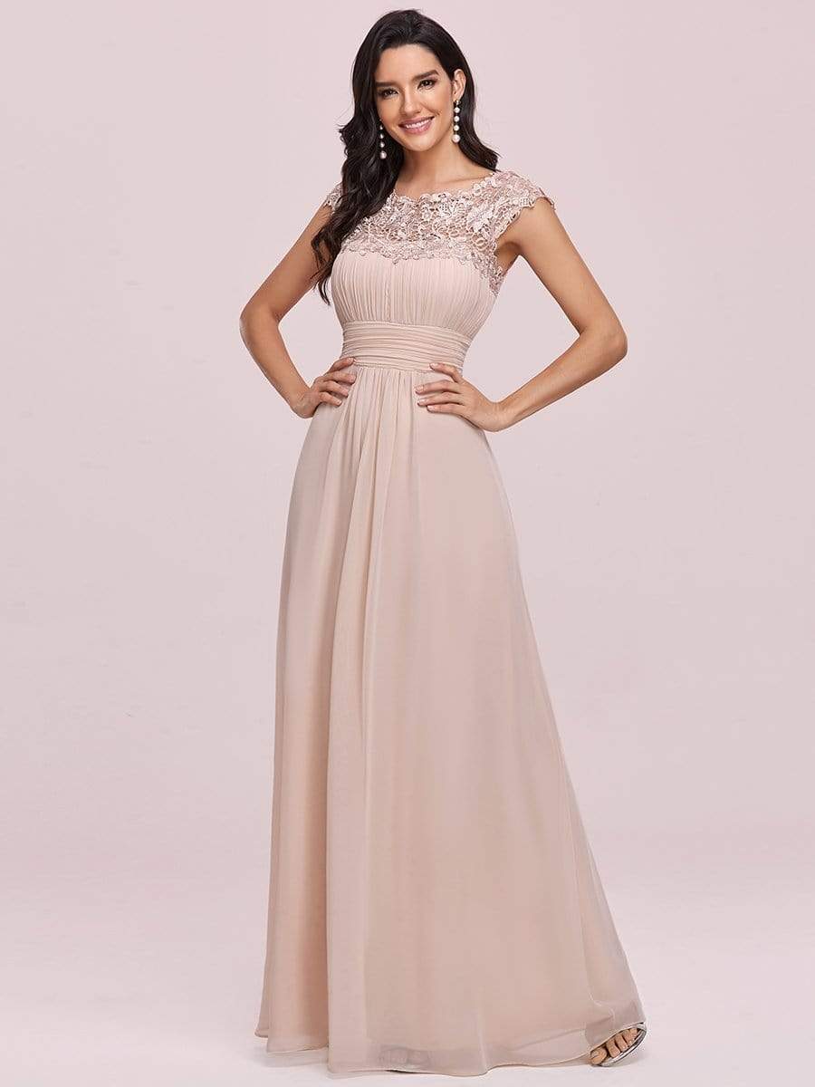 Elegant Maxi Long Lace Cap Sleeve Bridesmaid Dress #color_Blush 