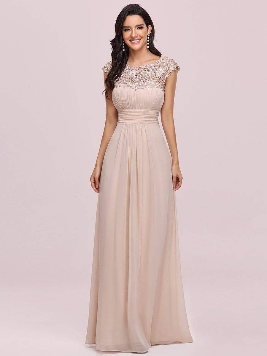 Elegant Maxi Long Lace Cap Sleeve Bridesmaid Dress #color_Blush 