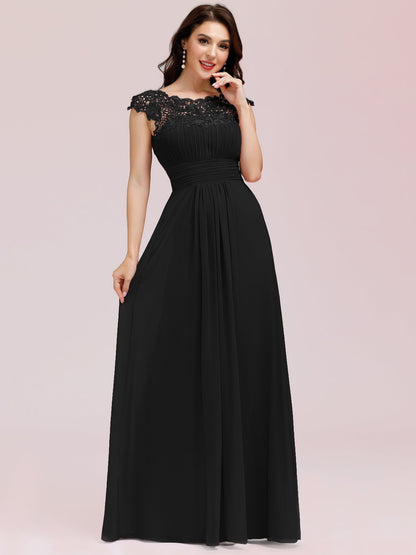 Maxi Lace Cap Sleeve Long Formal Evening Dress #color_Black 