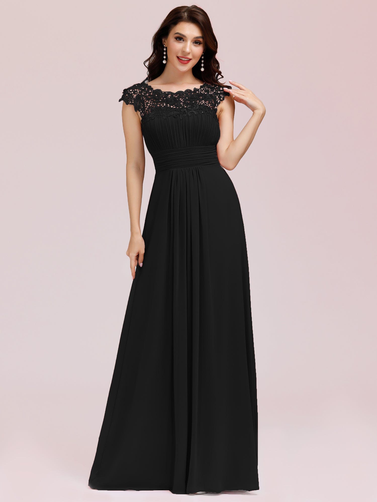 Maxi Lace Cap Sleeve Long Formal Evening Dress #color_Black 