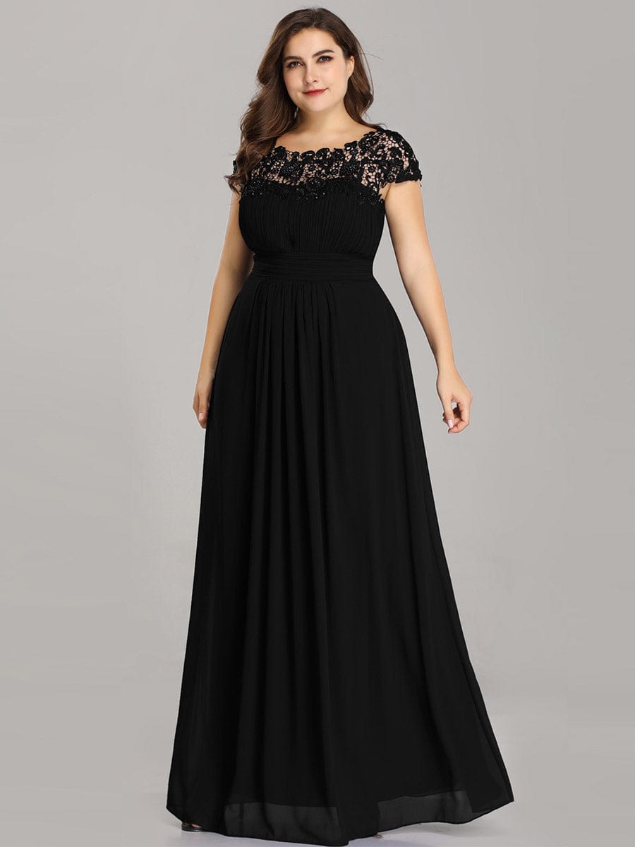 Custom Size Elegant Maxi Long Lace Cap Sleeve Bridesmaid Dress #color_Black