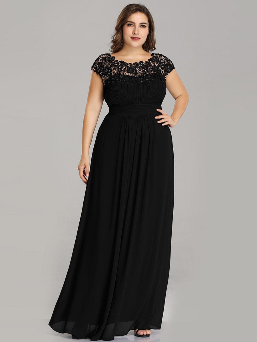 Custom Size Elegant Maxi Long Lace Cap Sleeve Bridesmaid Dress #color_Black