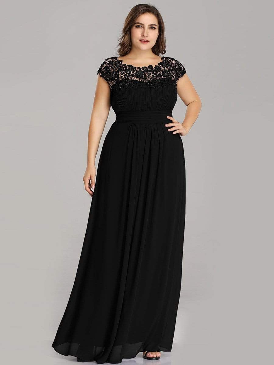 Plus Size Elegant Maxi Long Lace Cap Sleeve Bridesmaid Dress #color_Black 