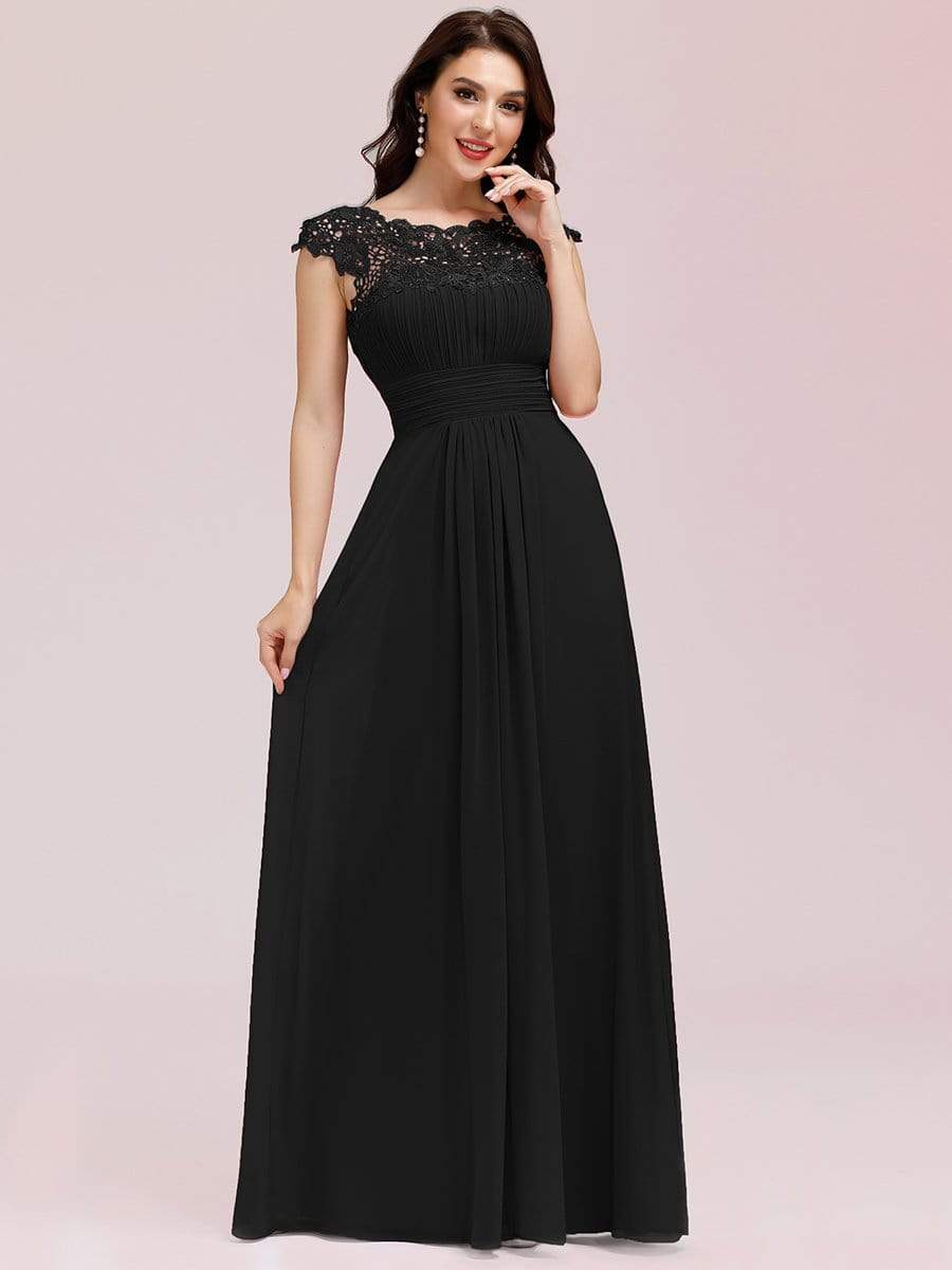 Elegant Maxi Long Lace Cap Sleeve Bridesmaid Dress #color_Black 