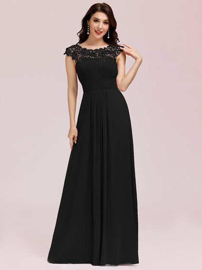 Elegant Maxi Long Lace Cap Sleeve Bridesmaid Dress #color_Black 