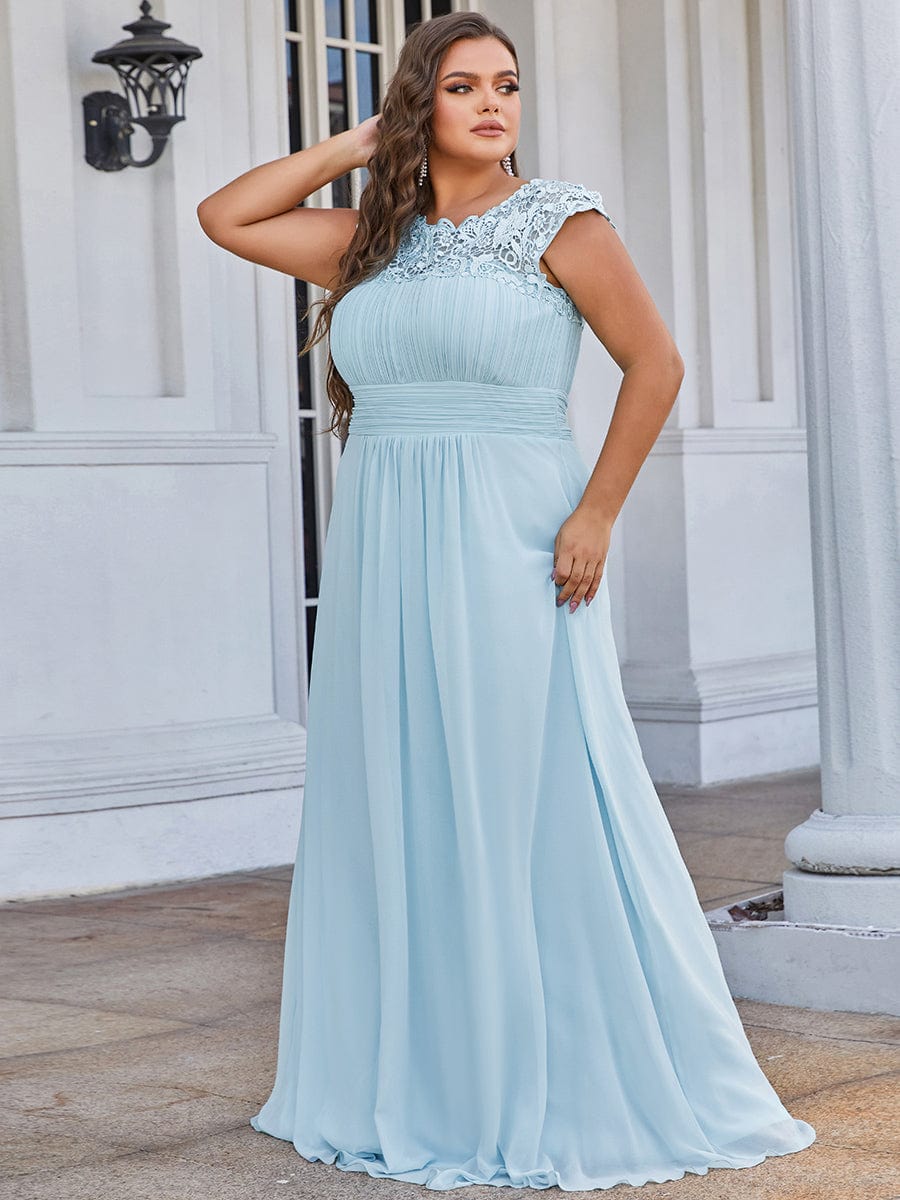 Custom Size Elegant Maxi Long Lace Cap Sleeve Bridesmaid Dress #color_Sky Blue