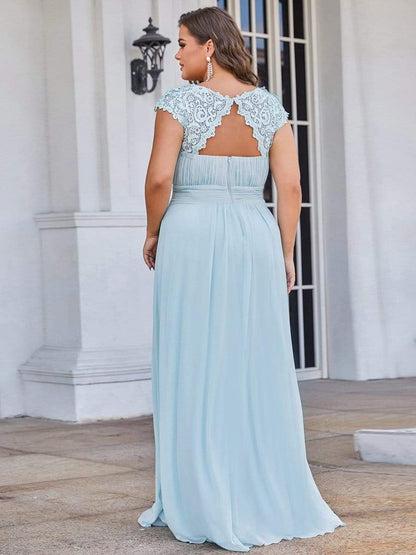 Plus Size Elegant Maxi Long Lace Cap Sleeve Bridesmaid Dress #color_Sky Blue 