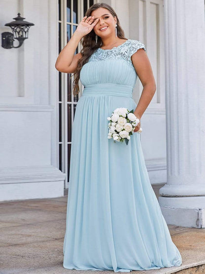 Plus Size Elegant Maxi Long Lace Cap Sleeve Bridesmaid Dress #color_Sky Blue 