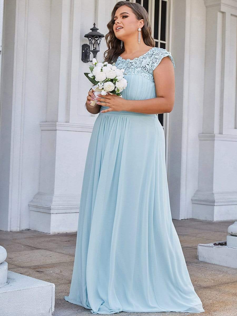 Plus Size Elegant Maxi Long Lace Cap Sleeve Bridesmaid Dress #color_Sky Blue 