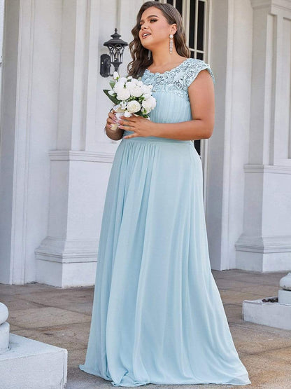 Plus Size Elegant Maxi Long Lace Cap Sleeve Bridesmaid Dress #color_Sky Blue 