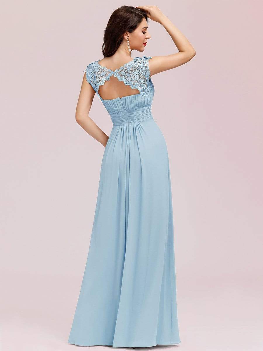 Elegant Maxi Long Lace Cap Sleeve Bridesmaid Dress #color_Sky Blue 