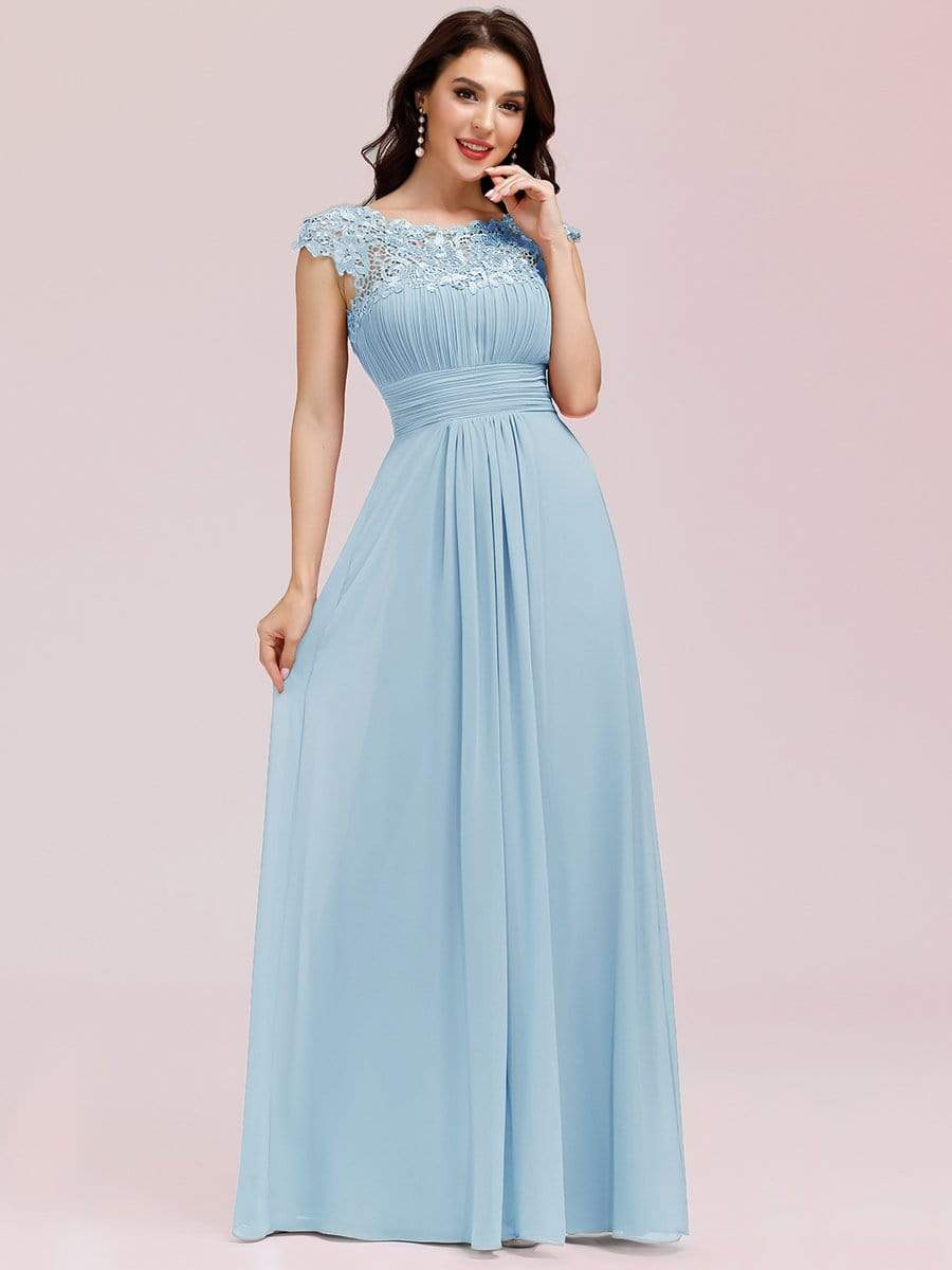 Elegant Maxi Long Lace Cap Sleeve Bridesmaid Dress #color_Sky Blue 