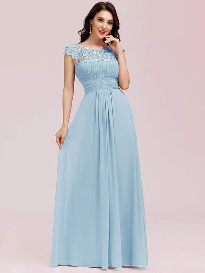 Elegant Maxi Long Lace Cap Sleeve Bridesmaid Dress #color_Sky Blue 