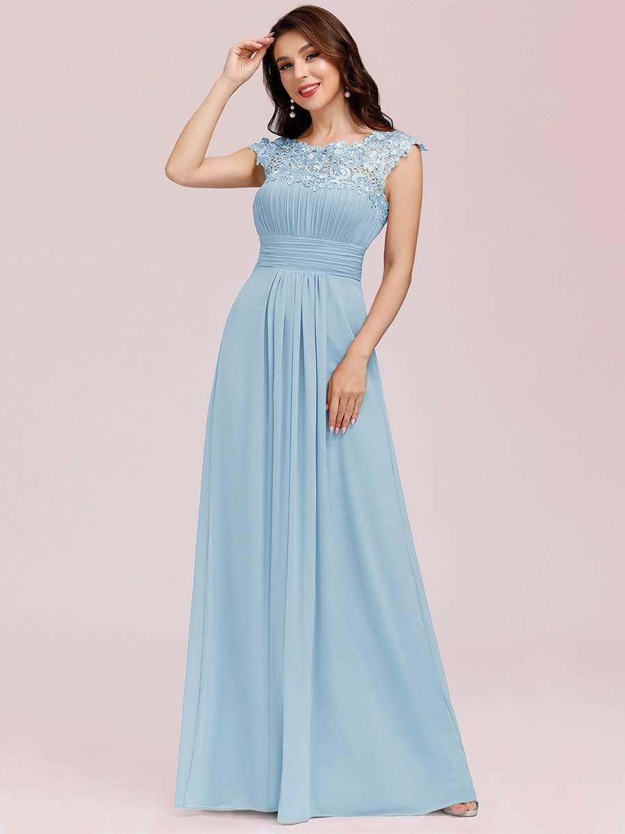 Elegant Maxi Long Lace Cap Sleeve Bridesmaid Dress #color_Sky Blue 