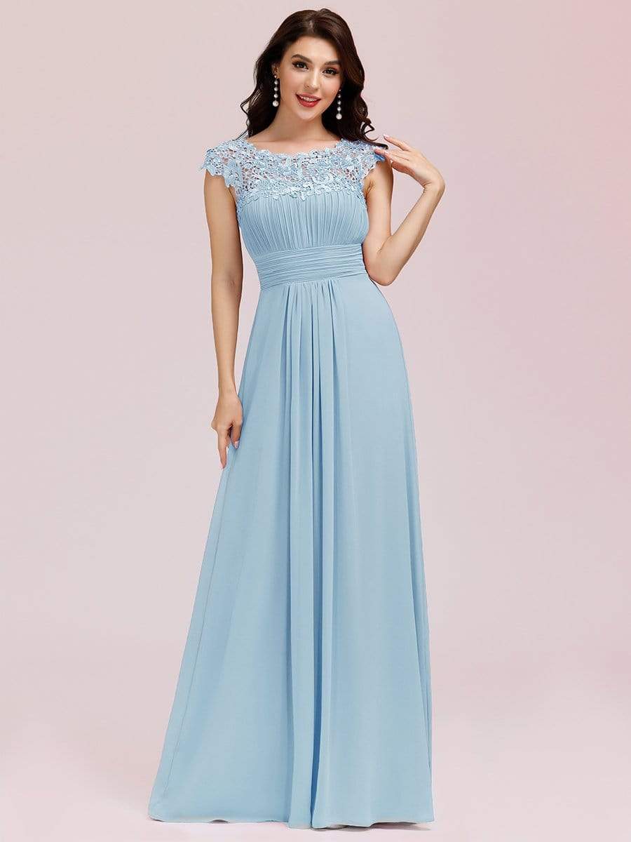 Elegant Maxi Long Lace Cap Sleeve Bridesmaid Dress #color_Sky Blue 