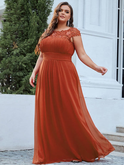 Plus Size Elegant Maxi Long Lace Cap Sleeve Bridesmaid Dress #color_Burnt Orange 