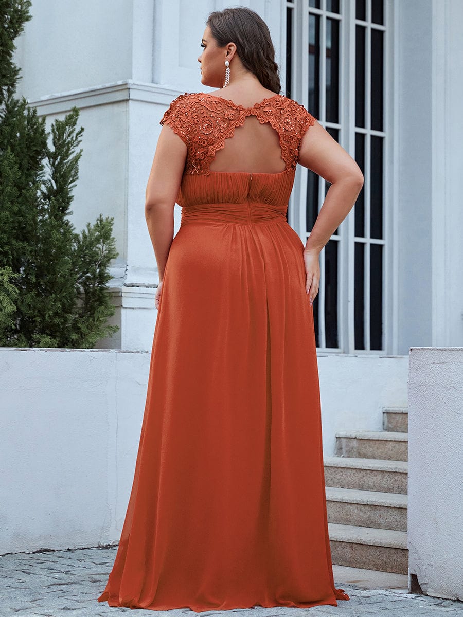 Custom Size Elegant Maxi Long Lace Cap Sleeve Bridesmaid Dress #color_Burnt Orange