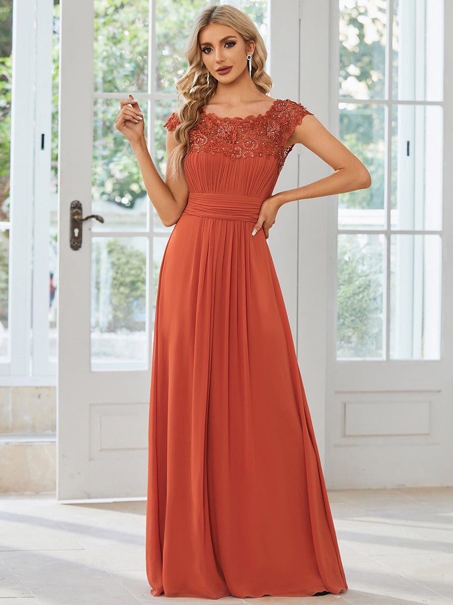 Classic Maxi Long Lace Cap Sleeve Bridesmaid Dress #color_Burnt Orange