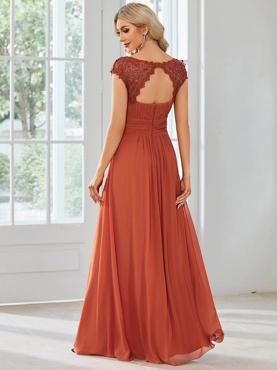 Classic Maxi Long Lace Cap Sleeve Bridesmaid Dress #color_Burnt Orange