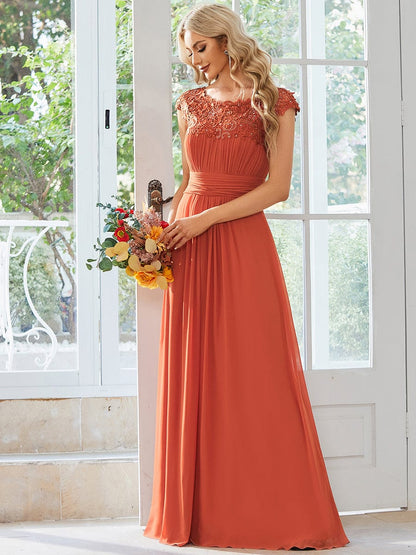 Classic Maxi Long Lace Cap Sleeve Bridesmaid Dress #color_Burnt Orange