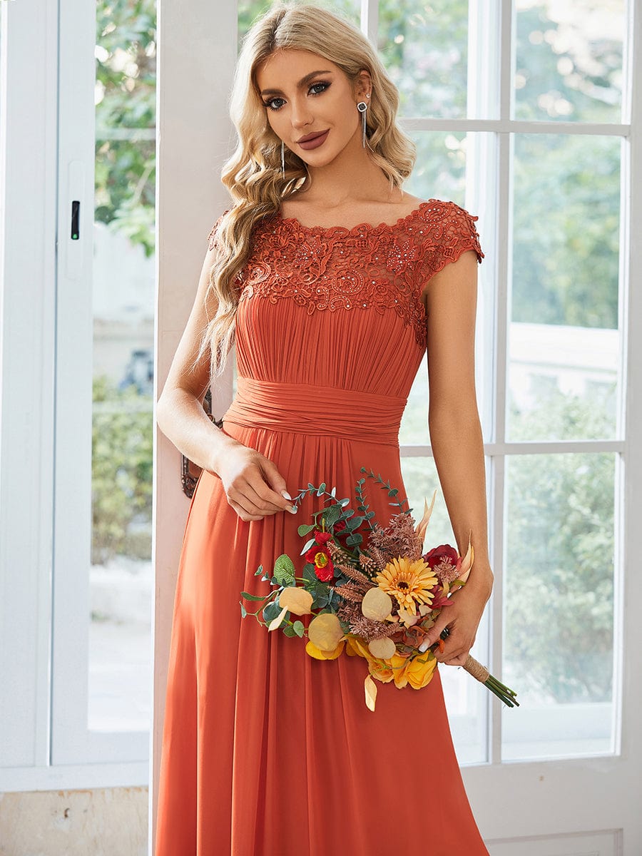 Classic Maxi Long Lace Cap Sleeve Bridesmaid Dress #color_Burnt Orange