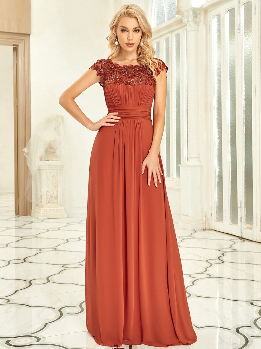 Elegant Floor-Length Lace Cap Sleeve Bridesmaid Dress #color_Burnt Orange 