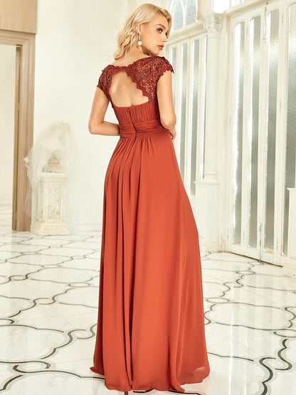 Elegant Floor-Length Lace Cap Sleeve Bridesmaid Dress #color_Burnt Orange 