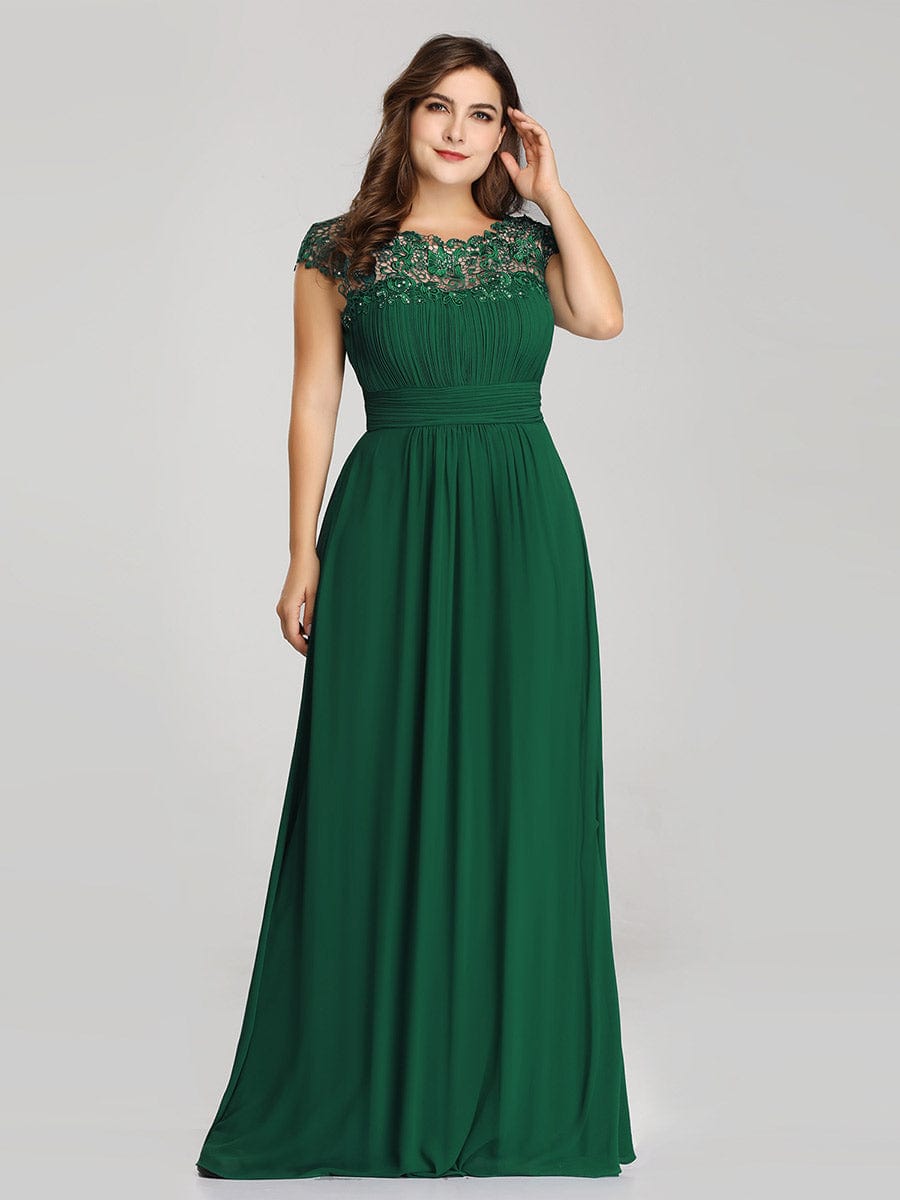 Plus Size Elegant Maxi Long Lace Cap Sleeve Bridesmaid Dress #color_Dark Green