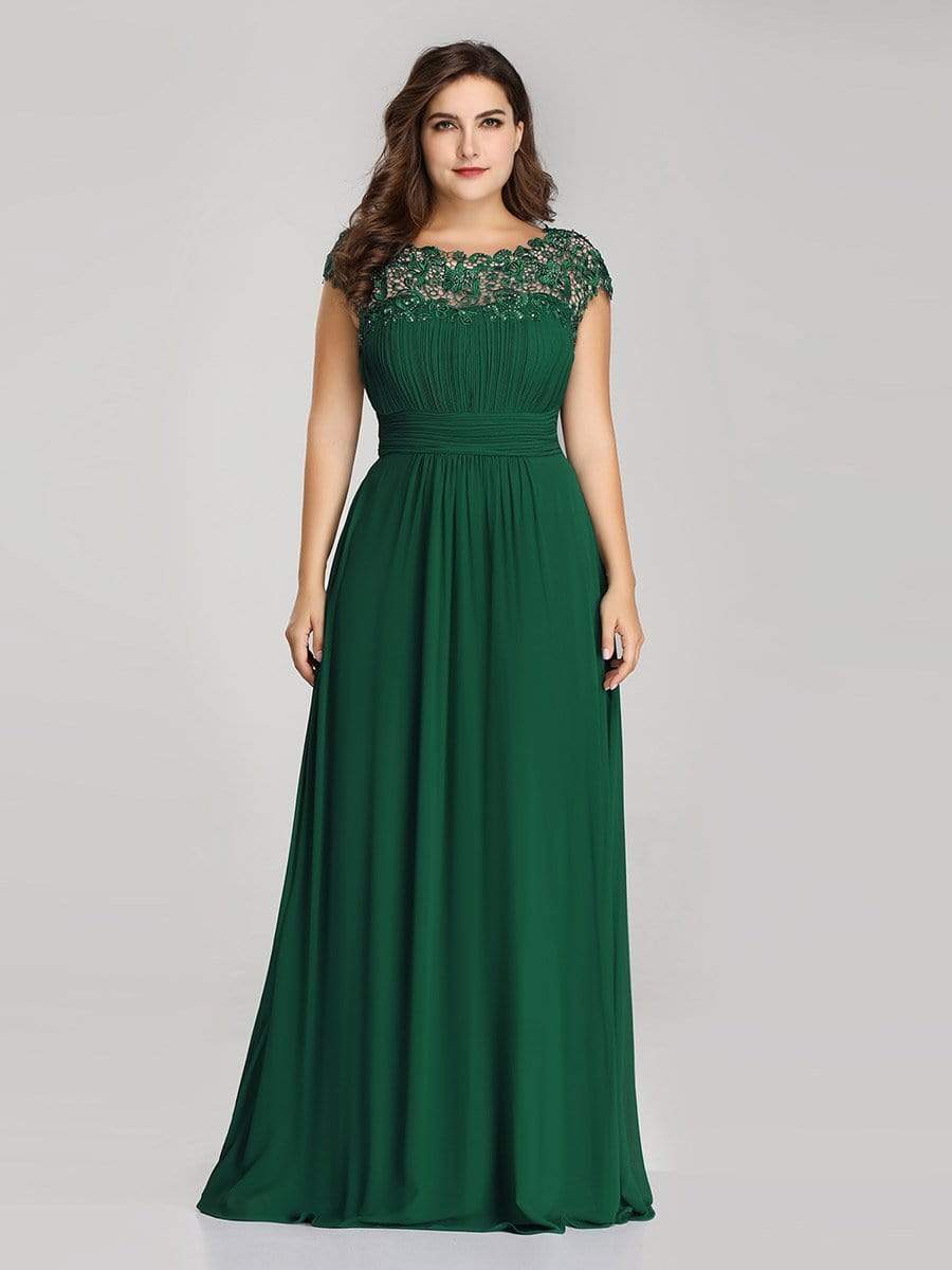 Plus Size Elegant Maxi Long Lace Cap Sleeve Bridesmaid Dress #color_Dark Green 