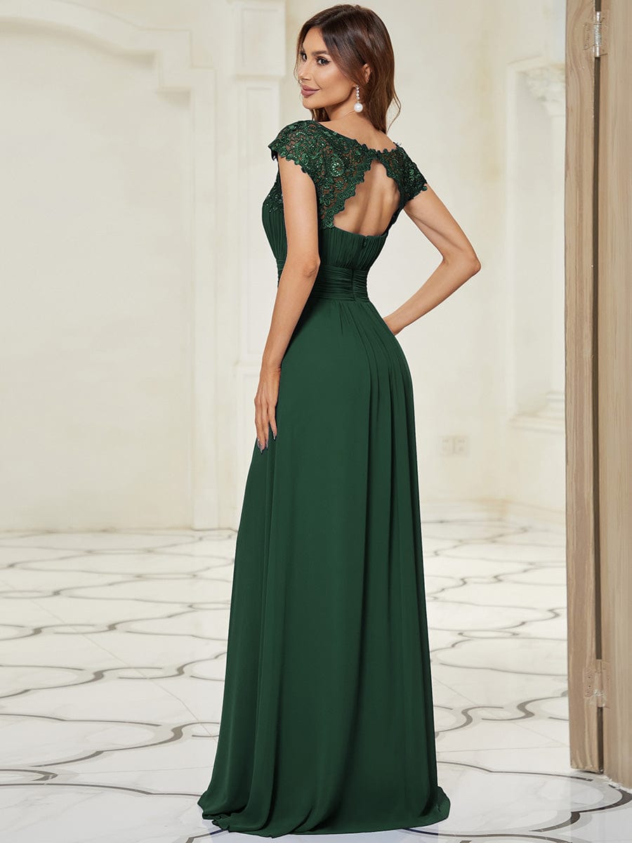 Elegant Maxi Long Lace Cap Sleeve Bridesmaid Dress #color_Dark Green