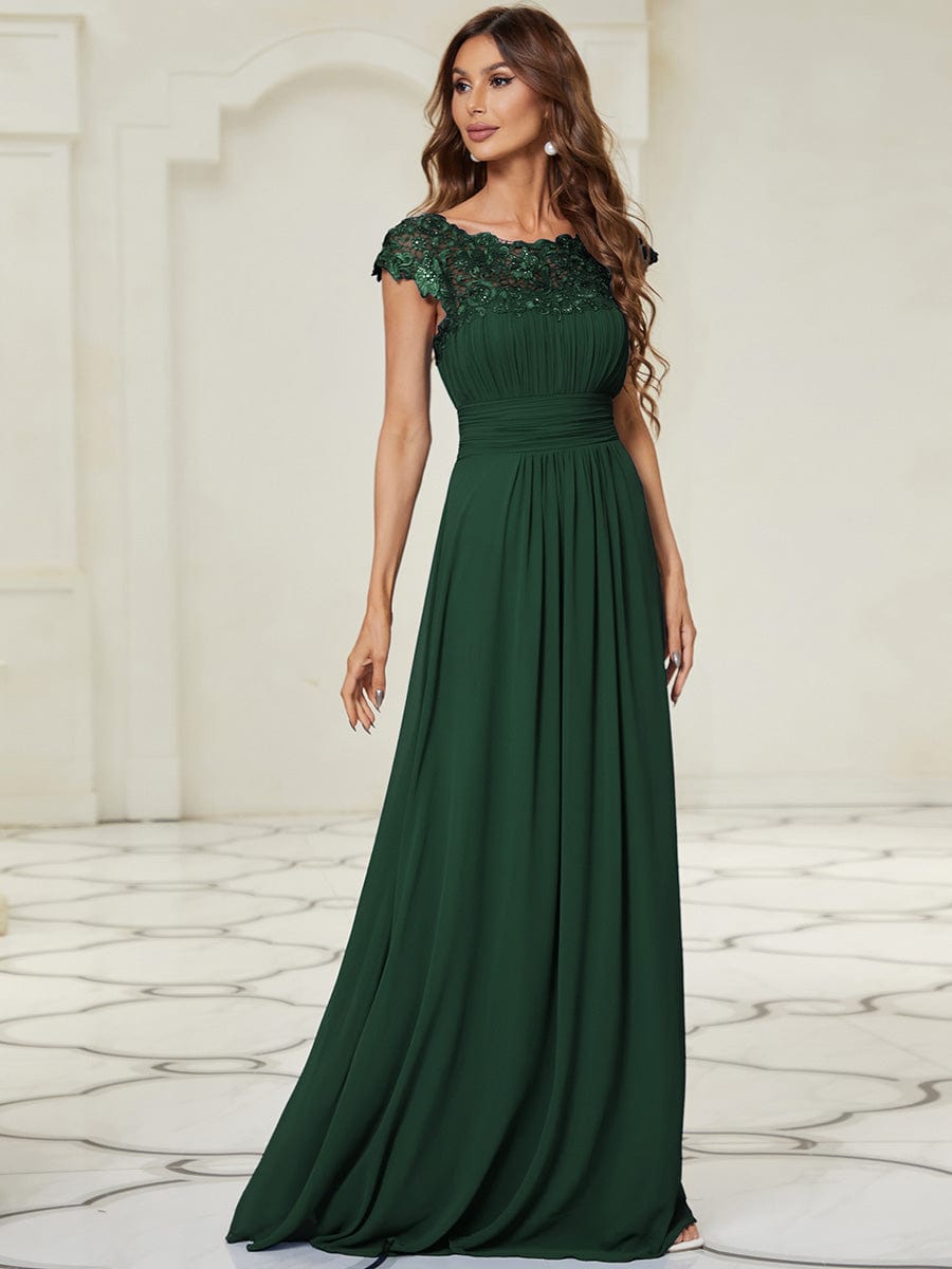 Elegant Maxi Long Lace Cap Sleeve Bridesmaid Dress #color_Dark Green