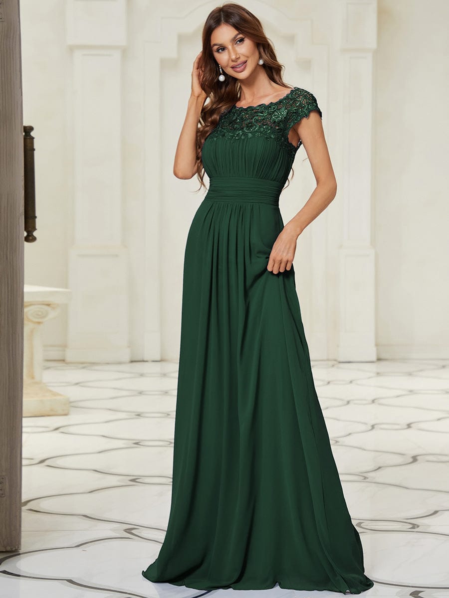 Elegant Maxi Long Lace Cap Sleeve Bridesmaid Dress #color_Dark Green