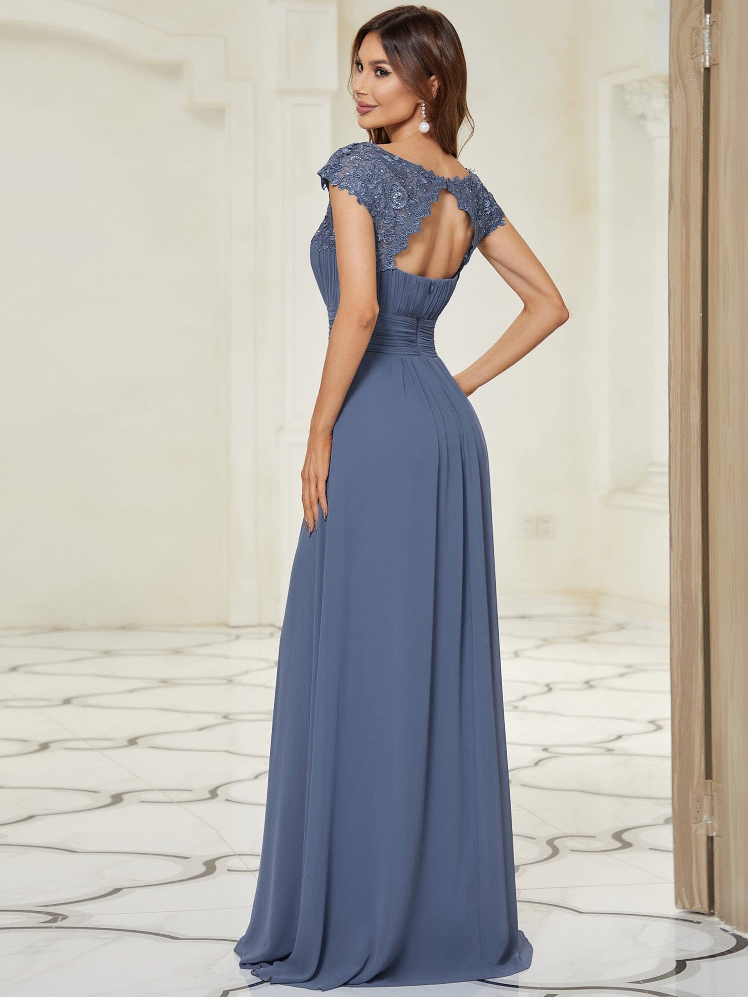 Maxi Lace Cap Sleeve Long Formal Evening Dress #color_Dusty Navy 