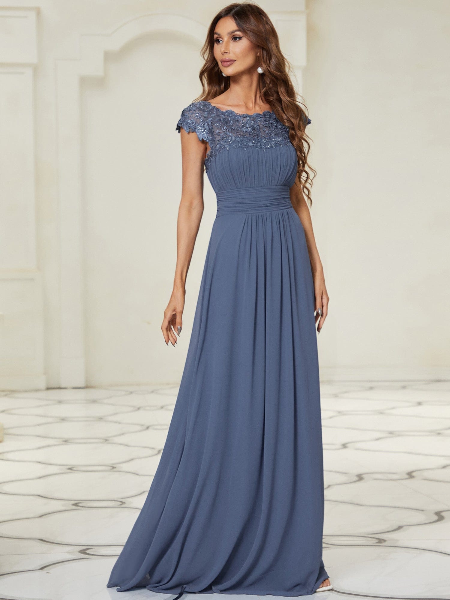 Maxi Lace Cap Sleeve Long Formal Evening Dress #color_Dusty Navy 