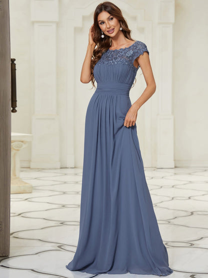 Maxi Lace Cap Sleeve Long Formal Evening Dress #color_Dusty Navy 