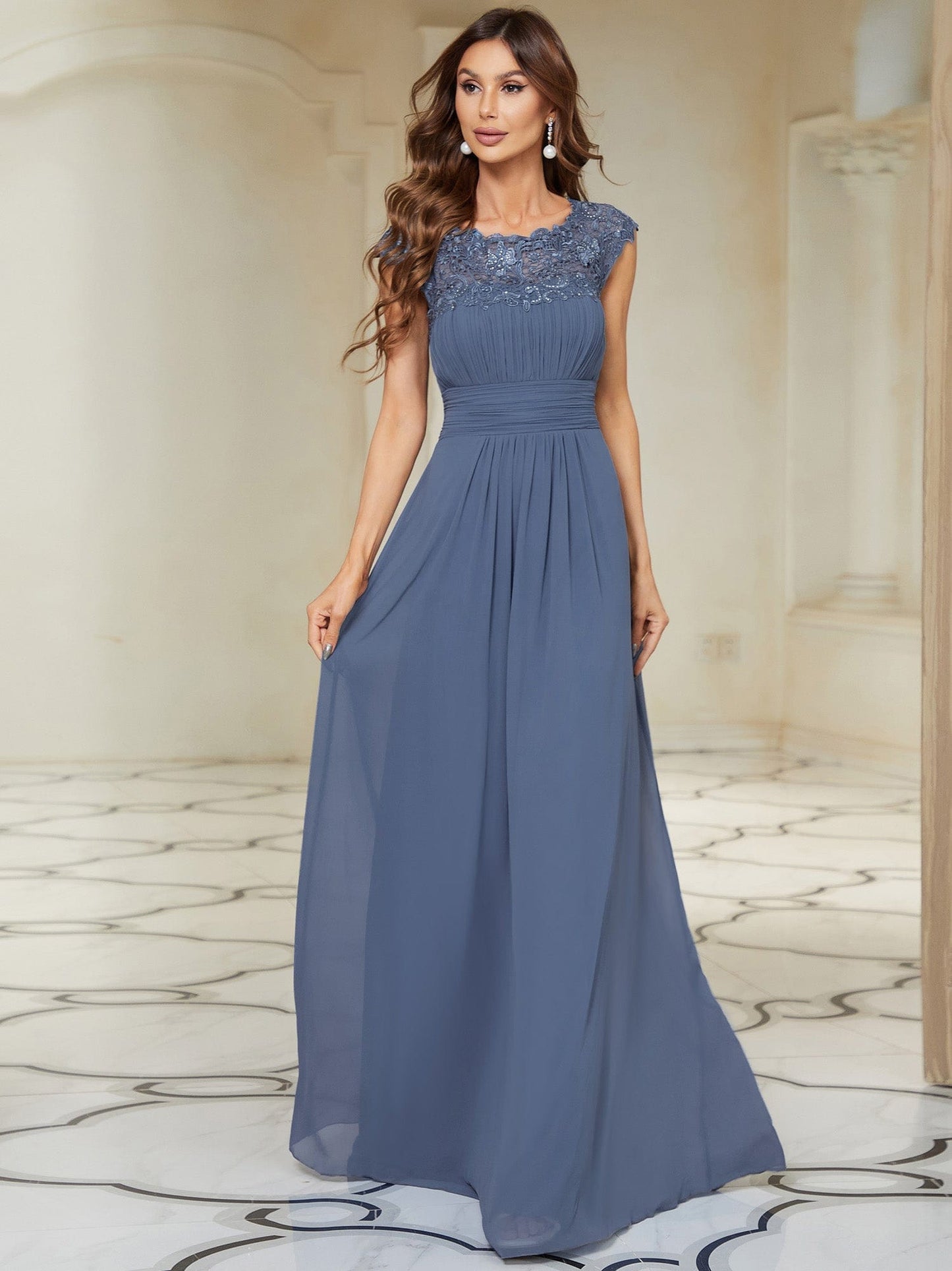 Maxi Lace Cap Sleeve Long Formal Evening Dress #color_Dusty Navy 