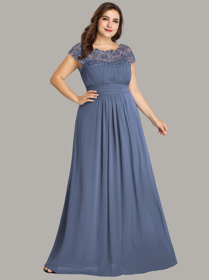 Maxi Lace Cap Sleeve Long Formal Evening Dress #color_Dusty Navy 