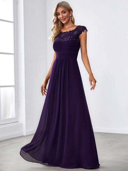 Maxi Lace Cap Sleeve Long Formal Evening Dress #color_Dark Purple 