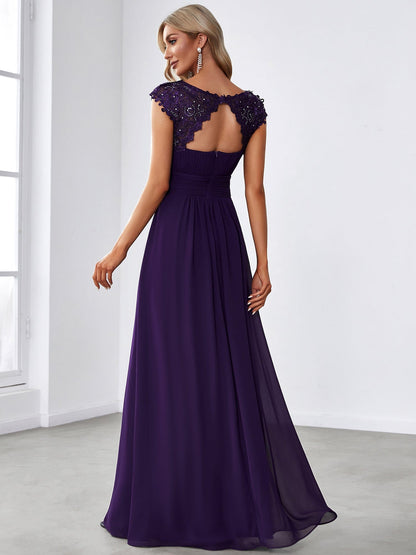 Maxi Lace Cap Sleeve Long Formal Evening Dress #color_Dark Purple 