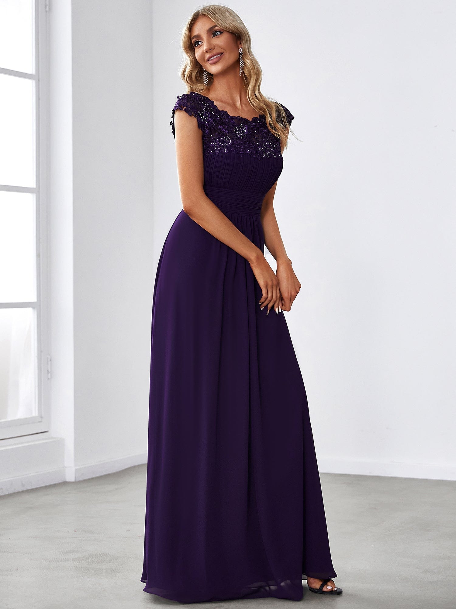 Maxi Lace Cap Sleeve Long Formal Evening Dress #color_Dark Purple 