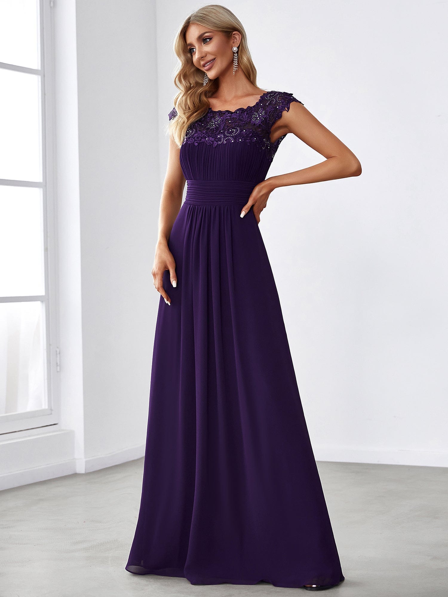 Maxi Lace Cap Sleeve Long Formal Evening Dress #color_Dark Purple 