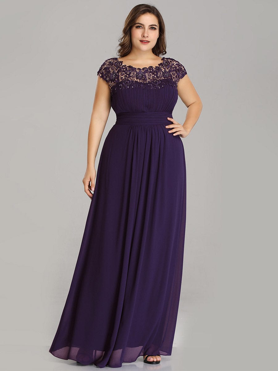 Classic Maxi Long Lace Cap Sleeve Bridesmaid Dress #color_Dark Purple