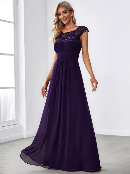 Classic Maxi Long Lace Cap Sleeve Bridesmaid Dress #color_Dark Purple