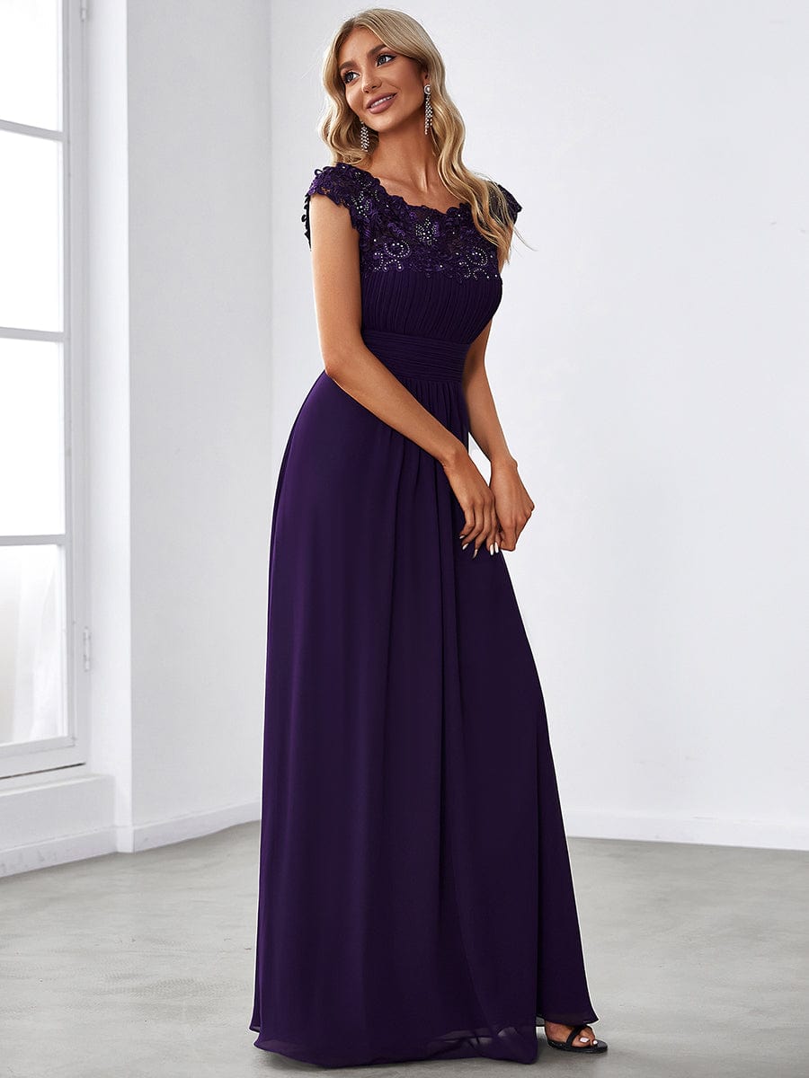 Classic Maxi Long Lace Cap Sleeve Bridesmaid Dress #color_Dark Purple